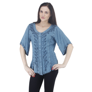 BLUE RENAISSANCE EMBROIDERED HALF SLEEVE BLOUSE