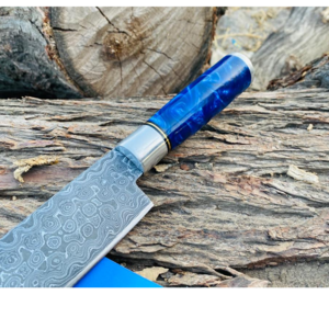 Damascus Steel Kitchen Chef Knife With Resin Handle and Leather Sheath