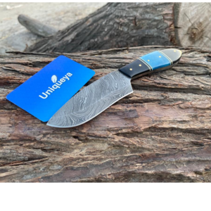damascus steel hunting skinner knife with leather sheath