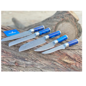 Damascus Steel Chef Set with Blue Resin and Leather Sheath
