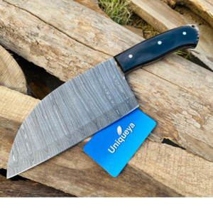 Damascus Steel Cleaver Chef Knife with Leather Sheath