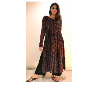 Fabric rayon small flower print nayera cut kurta and full sleeves kurta pan gala