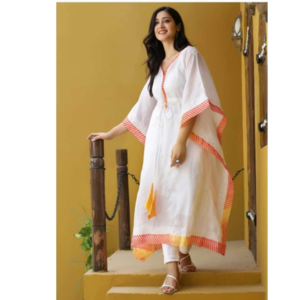 Fabric rayon white kaftan with pant and with cottan red white less and dori