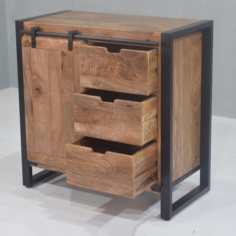 solid mango wood industrial-style cabinet sliding barn door and three spacious drawer