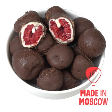 Quickly frozen raspberries in white and milk chocolate without sugar, Frambini