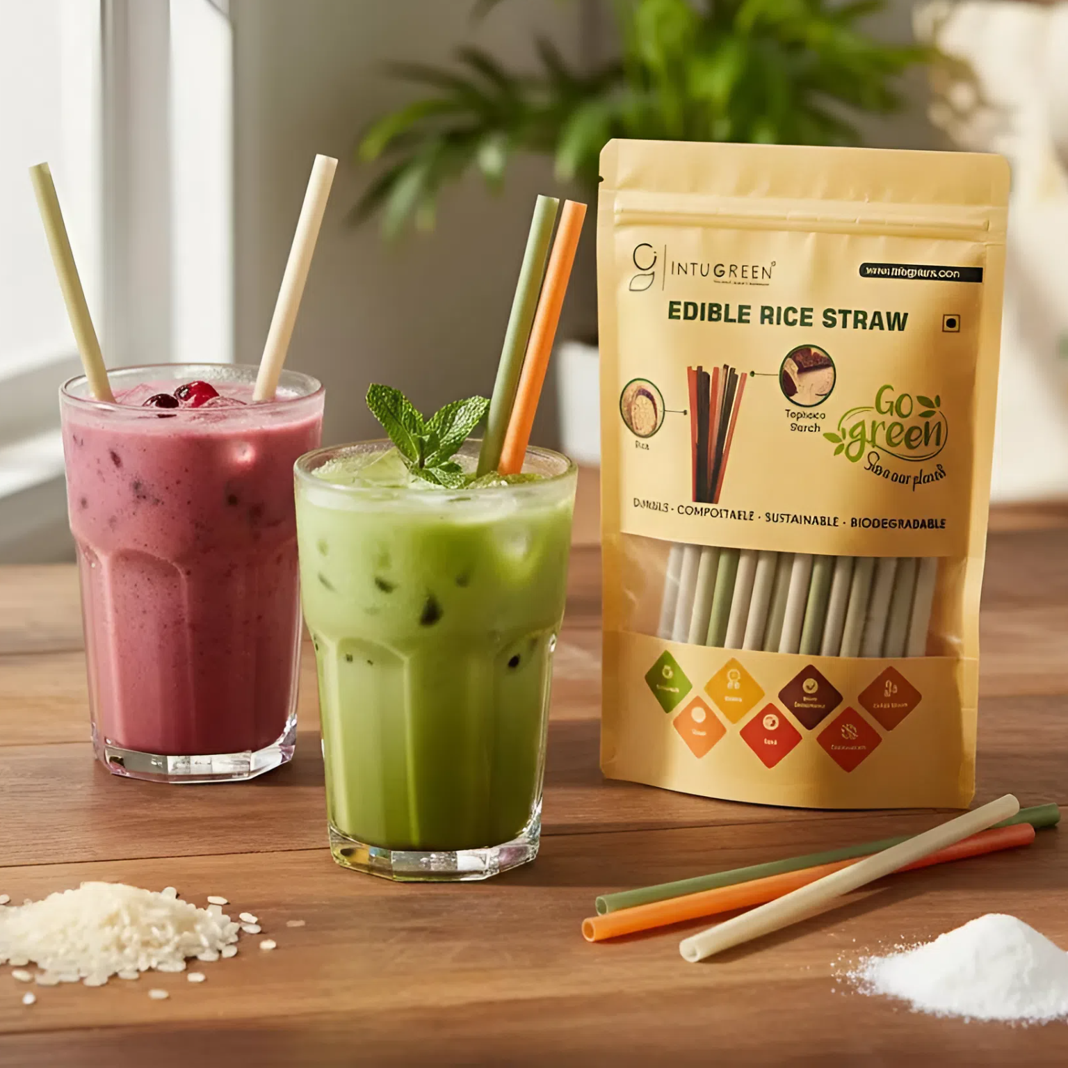 INTUGREEN® Edible Drinking Rice Straw – 100% Biodegradable, Eco-Friendly, and Safe Alternative to Plastic Straws and paper straws