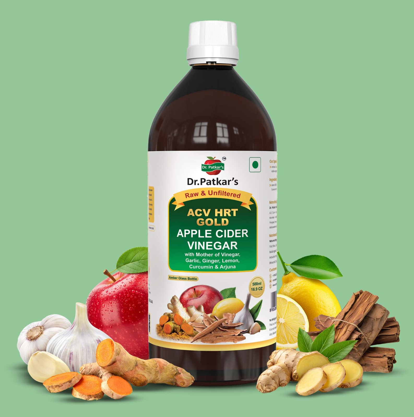 Apple Cider Vinegar With Mother Of Vinegar Ginger, Garlic, Lemon, Curcumin & Arjuna 500ML (ACV HRT GOLD) (Dr. Patkar's)