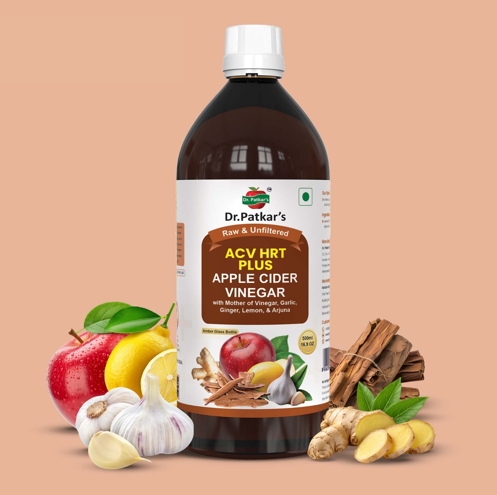 Apple Cider Vinegar with Ginger, Garlic, Lemon, and Arjuna 500ML (ACV HRT PLUS) (Dr. Patkar's)