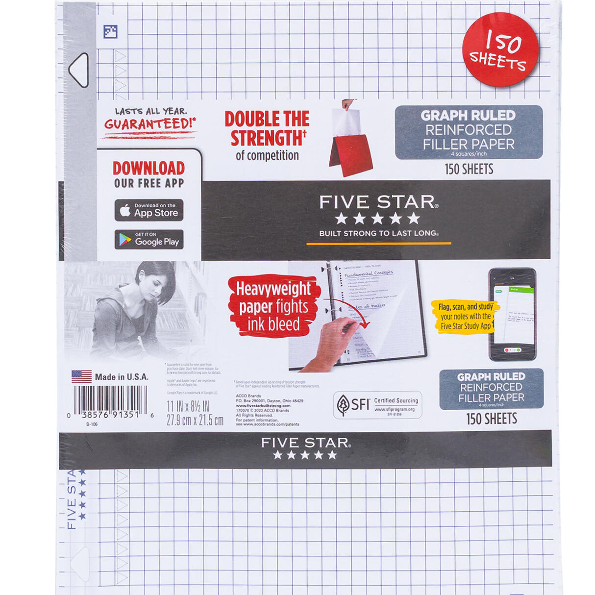 Five Star Graph Ruled Reinforced Filler Paper 150 Sheets