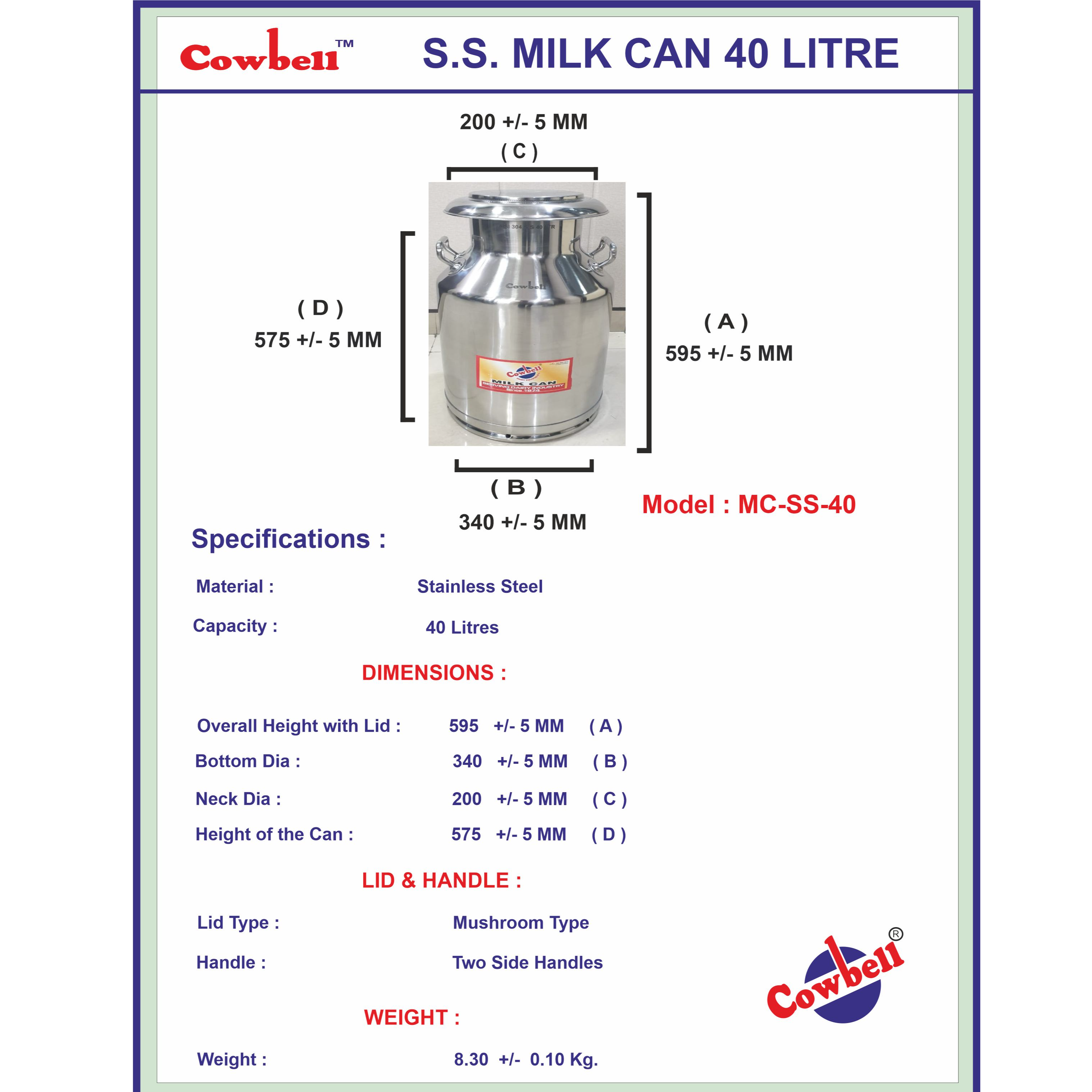 Stainless Steel Milk Can Capacity 40 Litre