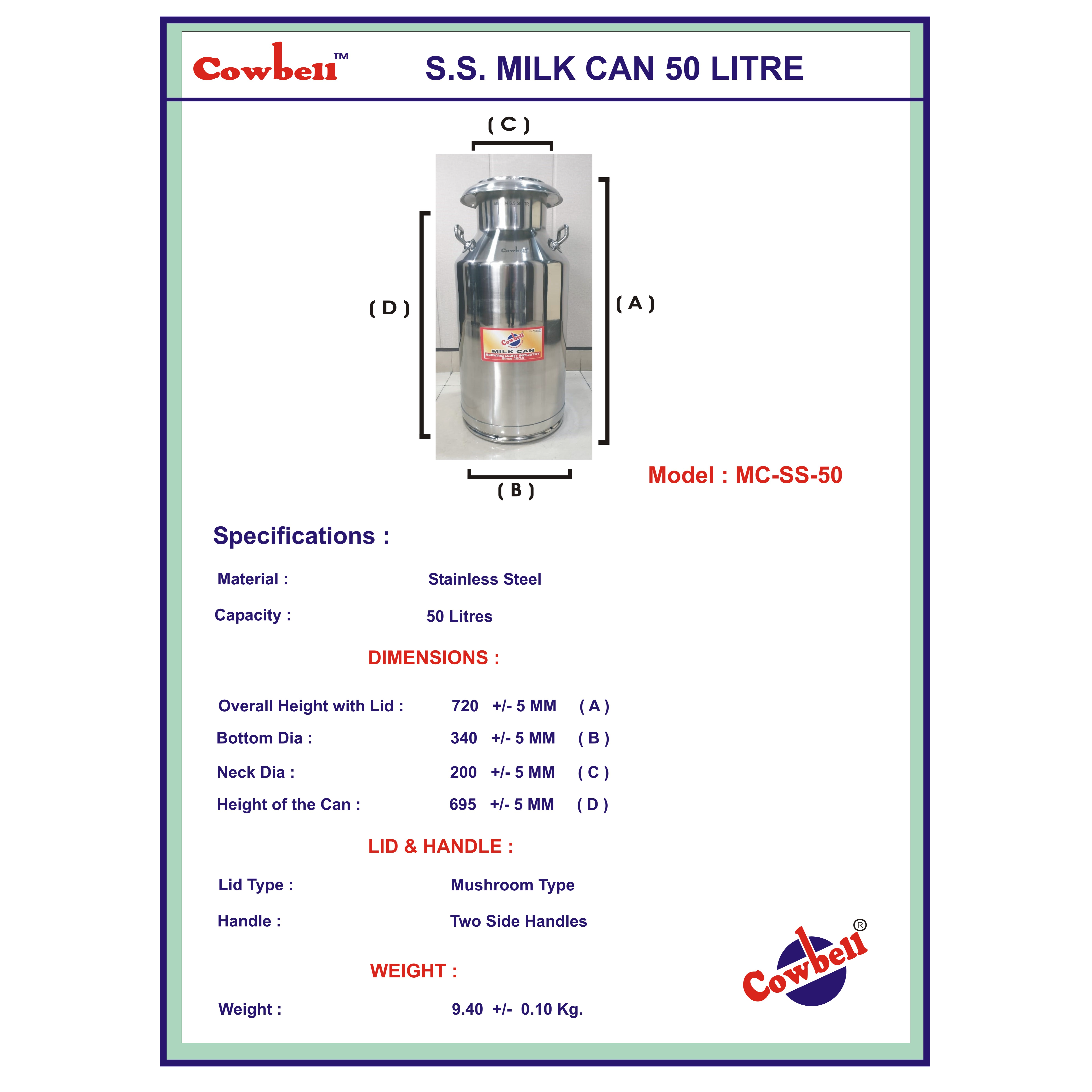 Stainless Steel Milk Can Capacity 50 Litre