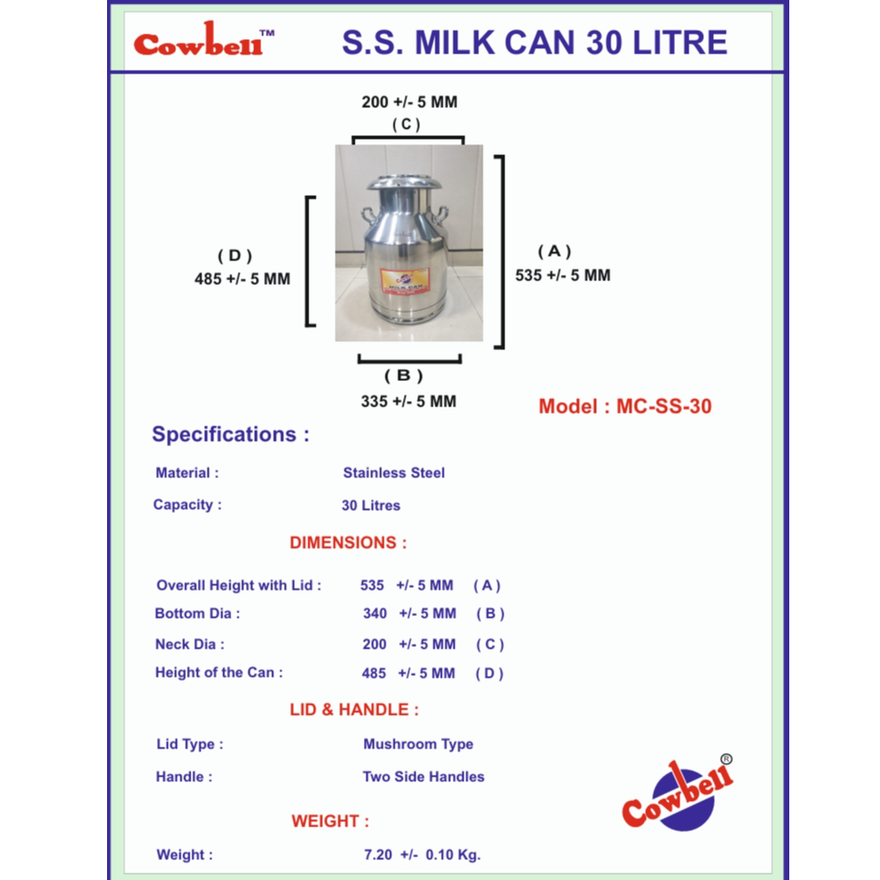 Stainless Steel Milk Can Capacity 30 Litre
