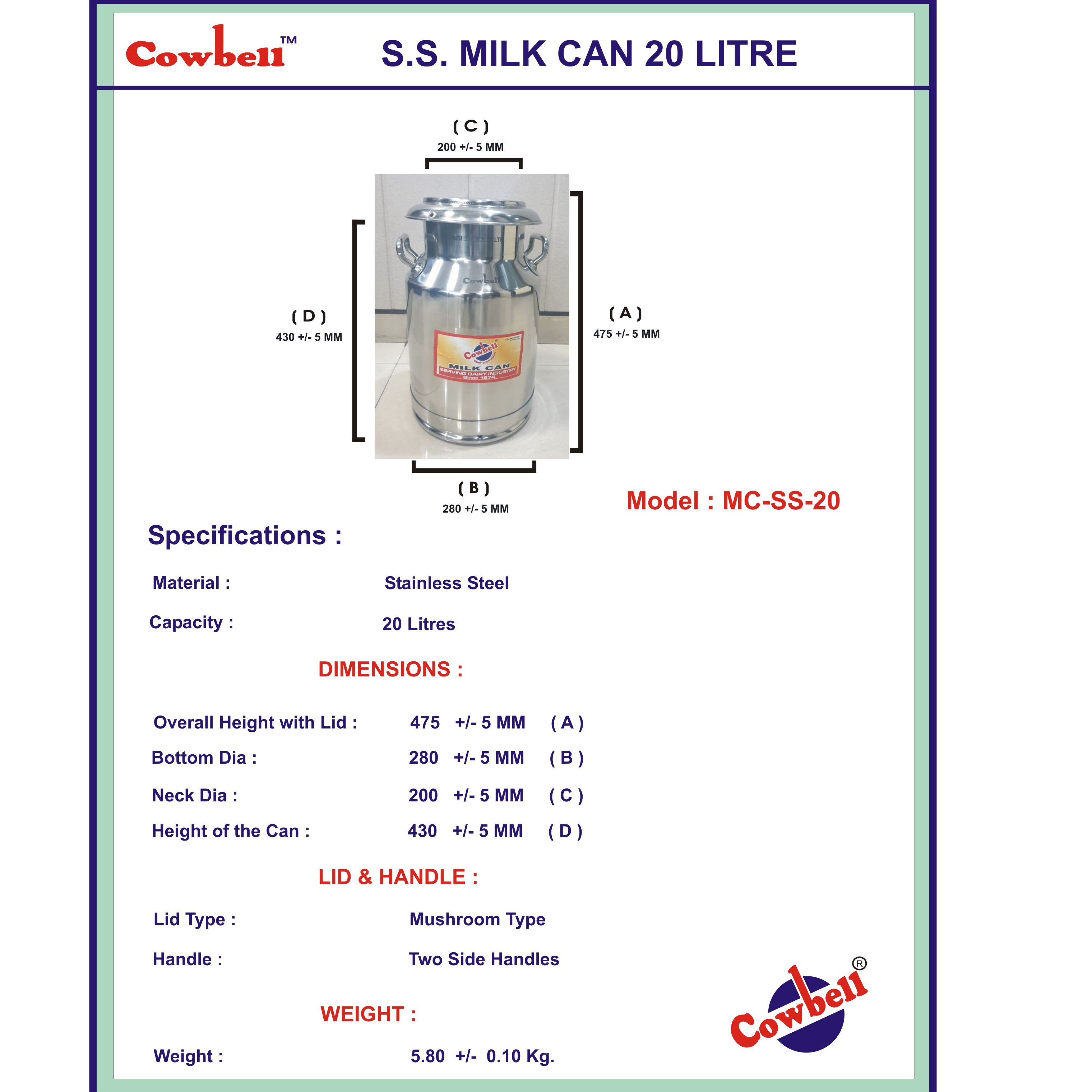 Stainless Steel Milk Can Capacity 20 Litre