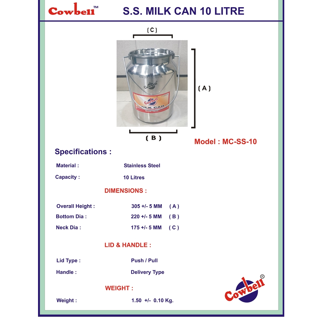 Stainless Steel Milk Can Cap. 10 Ltr.