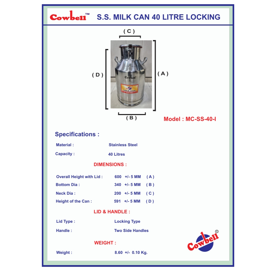 Stainless Steel Milk Can Capacity 40 Litre ( Locking Type )