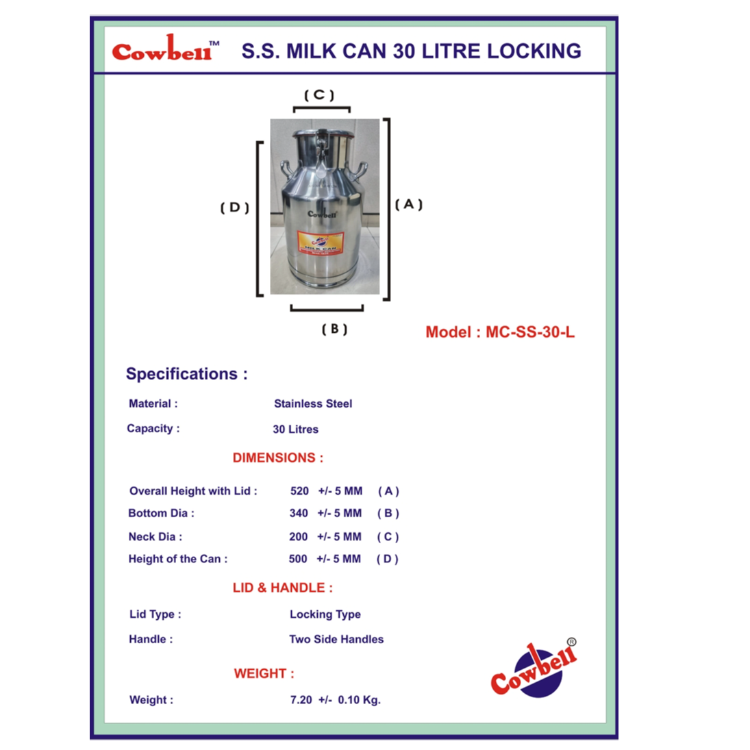 Stainless Steel Milk Can Capacity 30 Litre ( Locking Type )