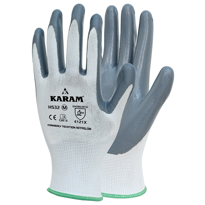 Karam HS32 Nitrile Palm Coated Industrial Safety Gloves, Strong Grip & Durable (Pack of 50)