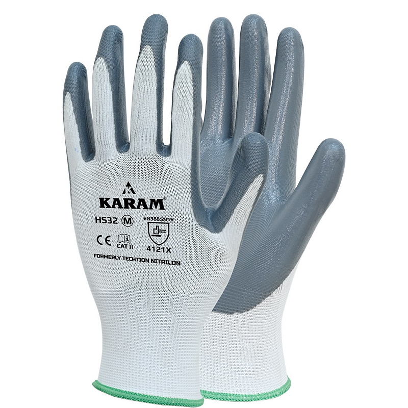 Karam HS32 Nitrile Palm Coated Industrial Safety Gloves, Strong Grip & Durable (Pack of 10)