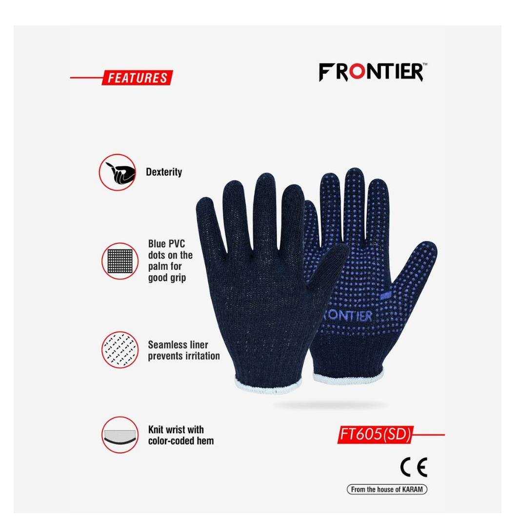 Karam Frontier FT605SD Cotton Knitted Single Dotted Gloves Navy Blue (Pack of 50)