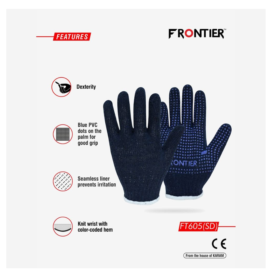 Karam Frontier FT605SD Cotton Knitted Single Dotted Gloves Navy Blue (Pack of 100)