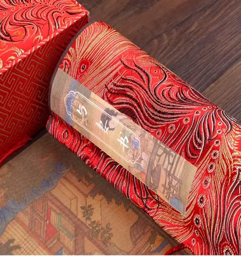 Xuan Paper Hand Scroll Tracing Copying Chinese Calligraphy   of Accompany with Wife Song Brocade Box Set